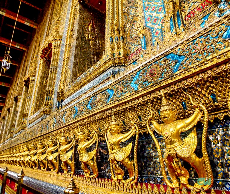 The bearers of the ordination hall of Wat Phra Kaew are 112 figures of Garuda holding Naga