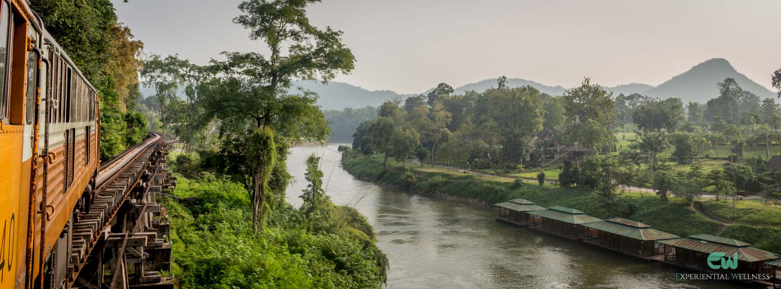 A train travels along the River Kwai