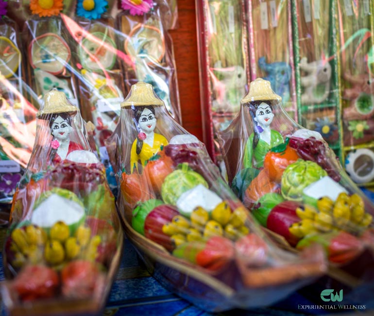 Souvenirs sold by merchants at the floating market in Damnoen Saduak